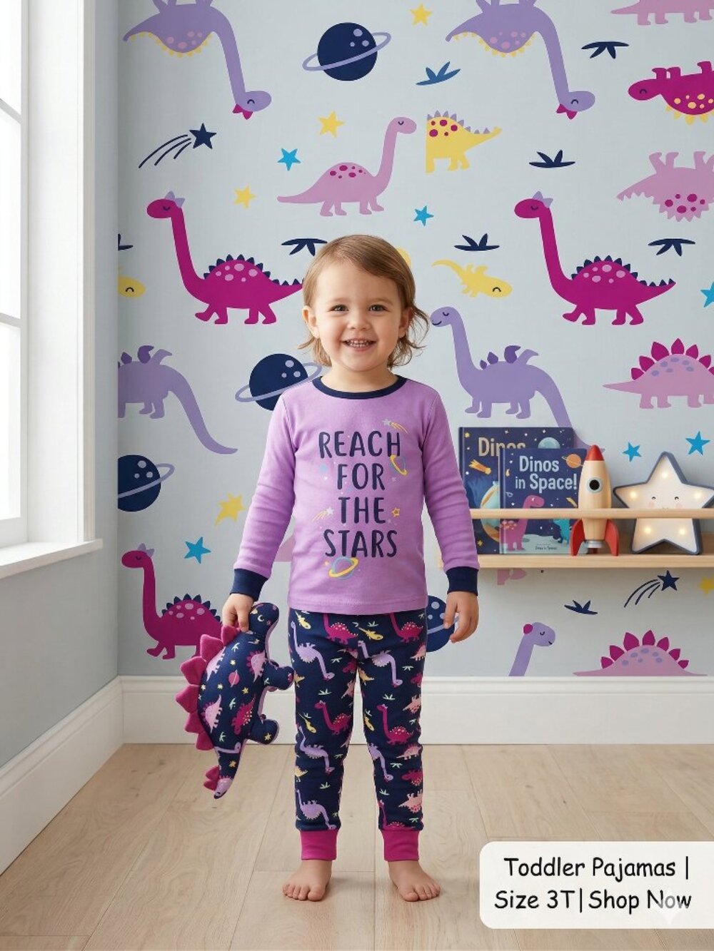 Girls' Purple Dinosaur Pajama Set - "Reach For The Stars" Space Sleepwear